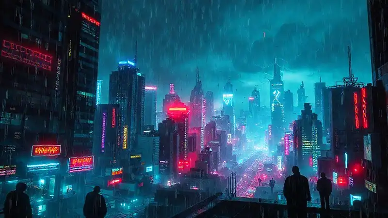 Ciudad cyberpunk digital, oscura y urgente