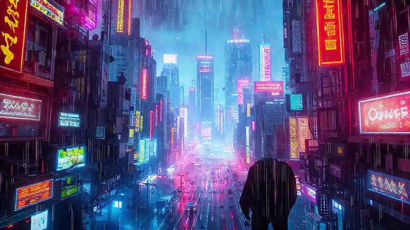 Ciudad cyberpunk digital, vibrante y glitch