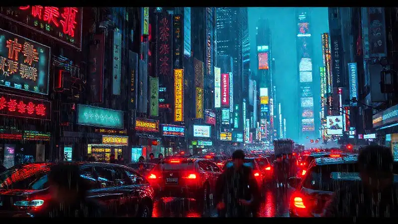 Ciudad cyberpunk oscura y caótica digital