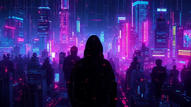 Ciudad cyberpunk vibrante y oscura