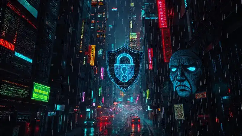 Ciudad cyberpunk digital, oscura y amenazante