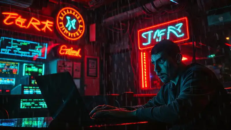 Un café cyberpunk lluvioso y decadente