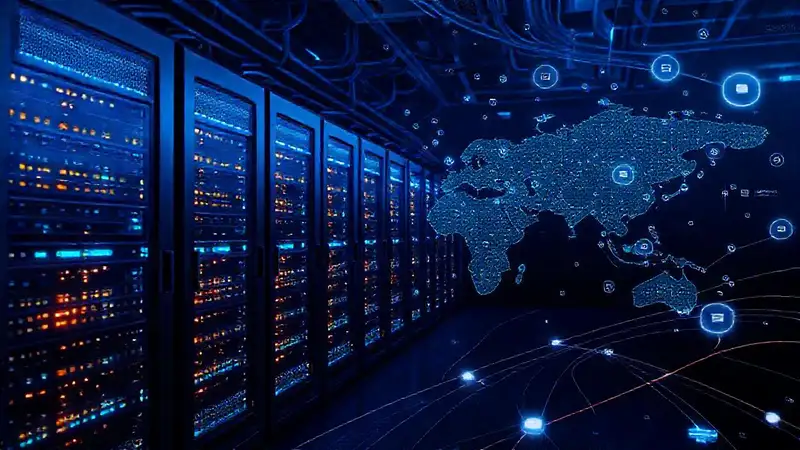 Un centro de datos tecnológico brilla intensamente