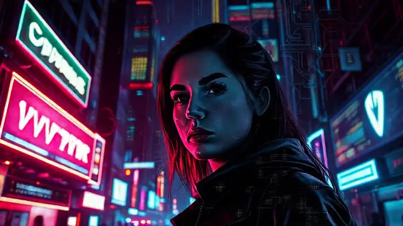 Ciudad cyberpunk digital, seguridad abstracta y oscura