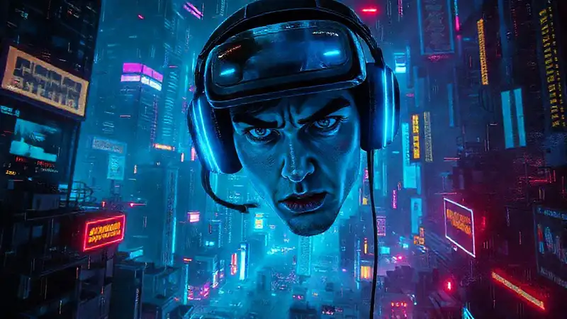 Gamer ansioso en ciudad cyberpunk digital