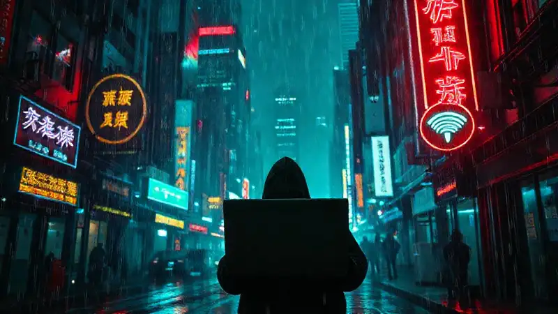 Ciudades cyberpunk digitales brillan en la lluvia