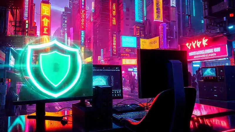 Ciudad cyberpunk digitalmente vibrante y protegida