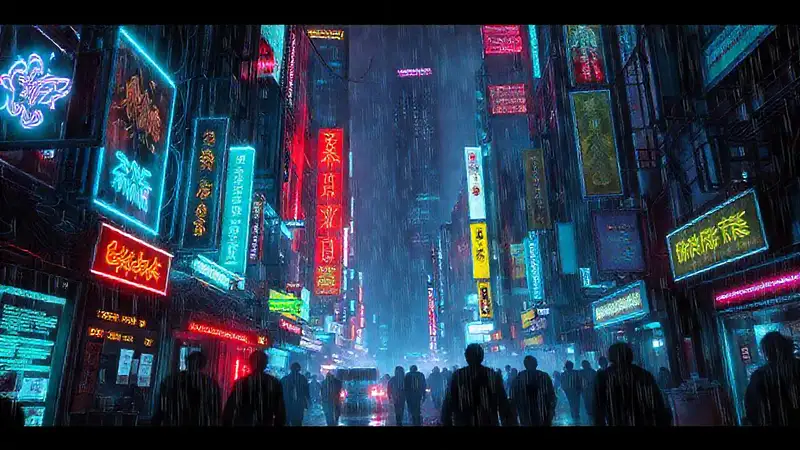 Ciudad cyberpunk oscura y digitalmente intensa
