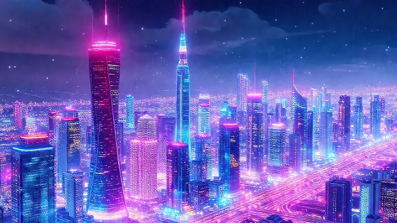 Una ciudad futurista, digitalmente vibrante y limpia