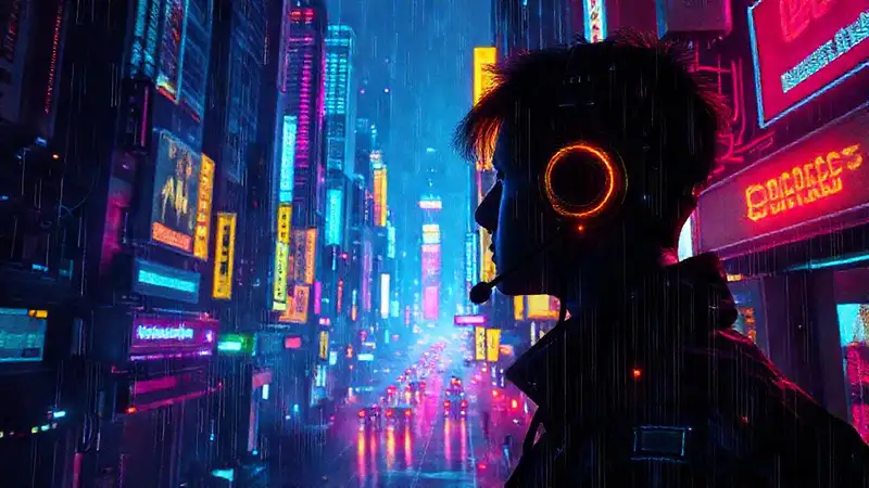 Ciudad cyberpunk futurista, luces y datos