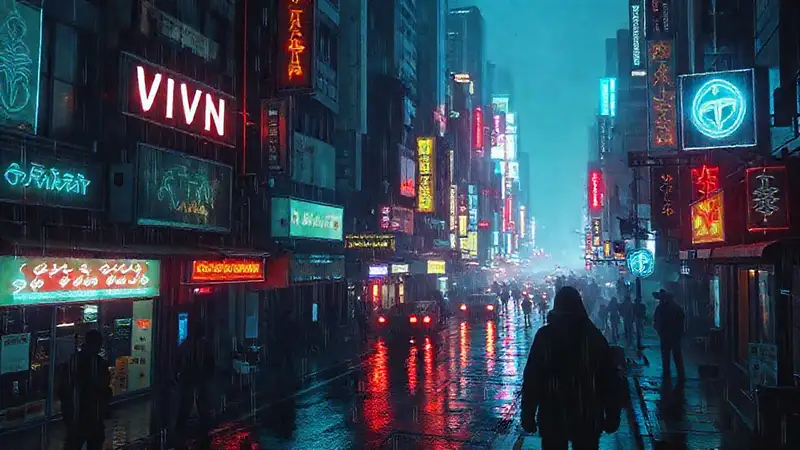 Ciudad cyberpunk: neón, lluvia, datos y sombras