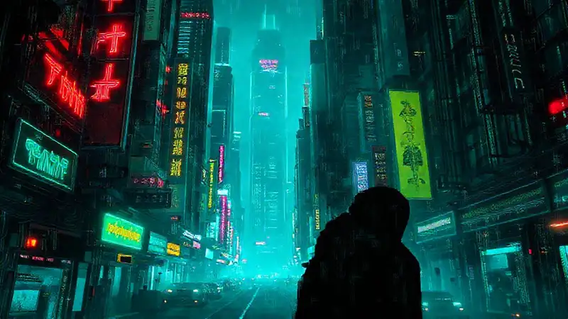 Ciudad cyberpunk oscura y digitalmente inquietante