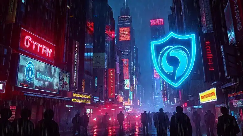 Ciudad cyberpunk digital, oscura y protegida