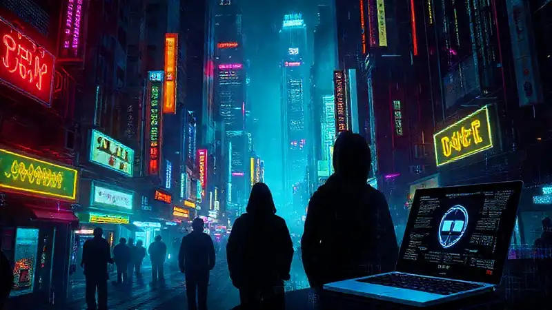 Ciudad cyberpunk vibrante y oscura