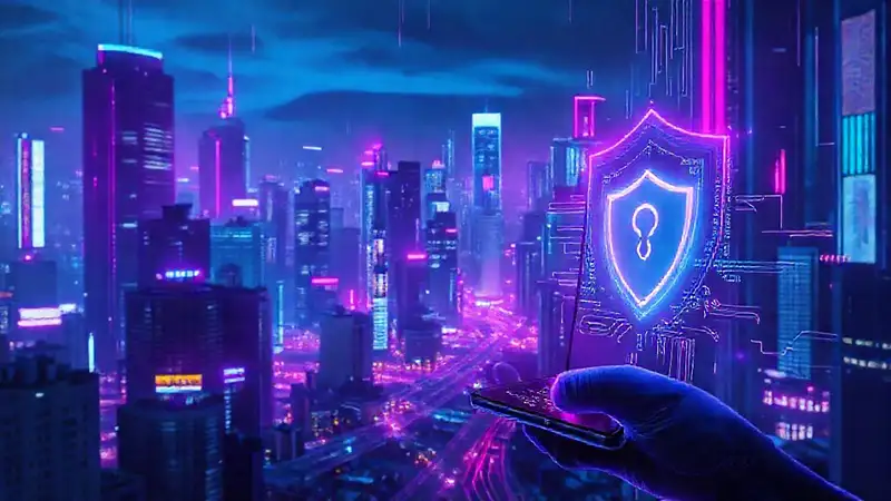 Ciudad cyberpunk futurista, datos y privacidad