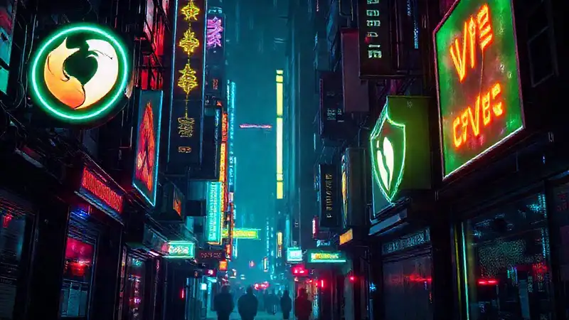 Ciudad cyberpunk digitalmente oscura y protegida