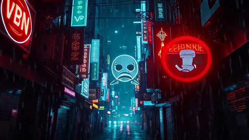 Ciudad cyberpunk oscura, datos bloqueados, tensión digital