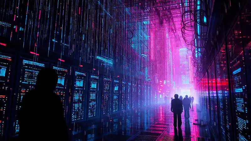 Ciudad cyberpunk vibrante y digitalmente protegida