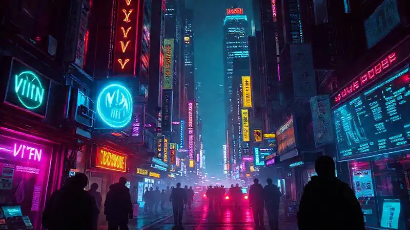 Ciudad cyberpunk vibrante con datos y sombras