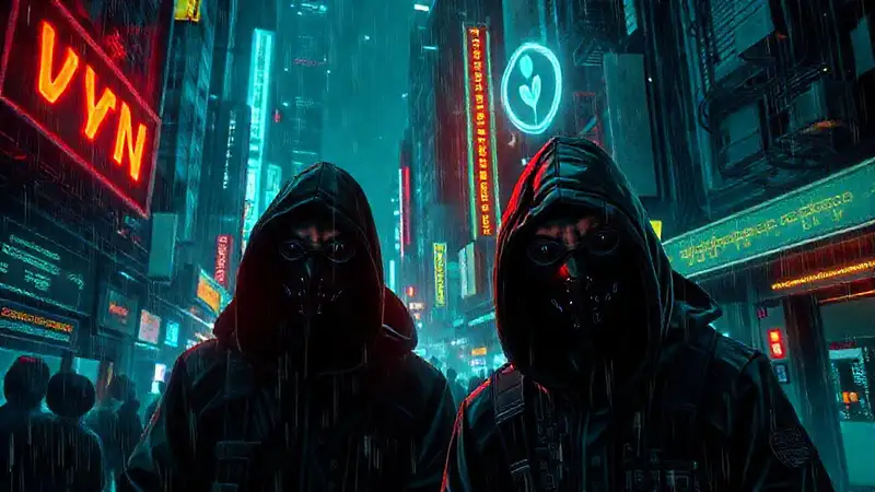 Ciudad cyberpunk, oscura y digitalmente inquieta