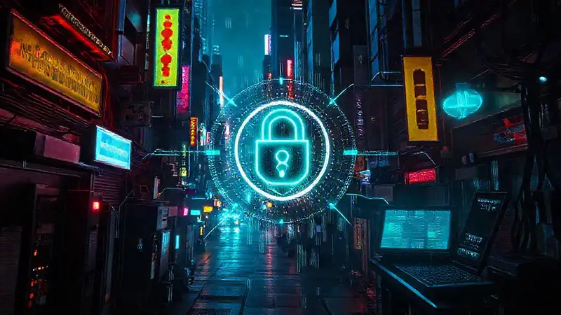 Ciudad cyberpunk futurista, luces y datos