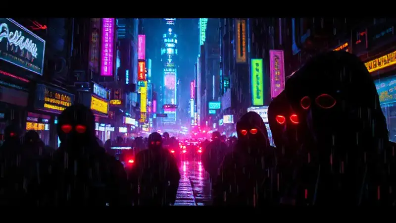 Ciudad cyberpunk vibrante y digitalmente oscura