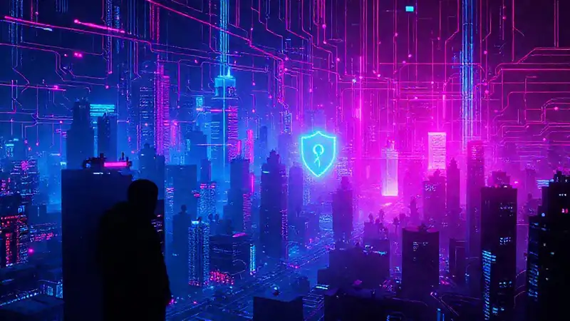 Ciudad cibernética futurista, oscura y vibrante