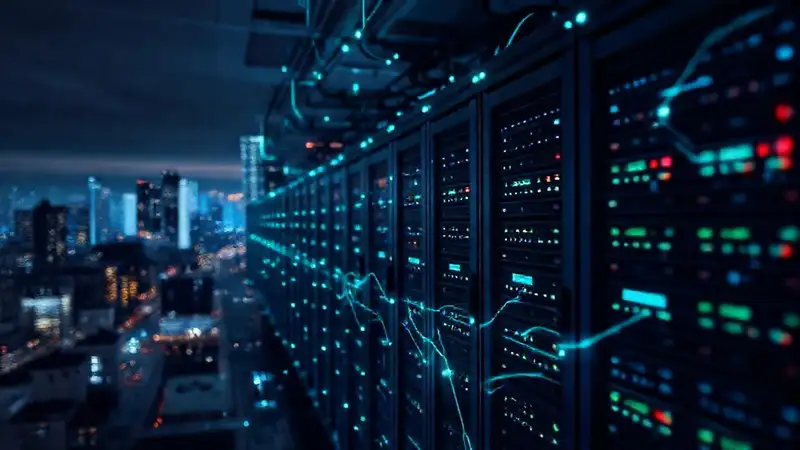 Racks VPN futuristas iluminan la ciudad