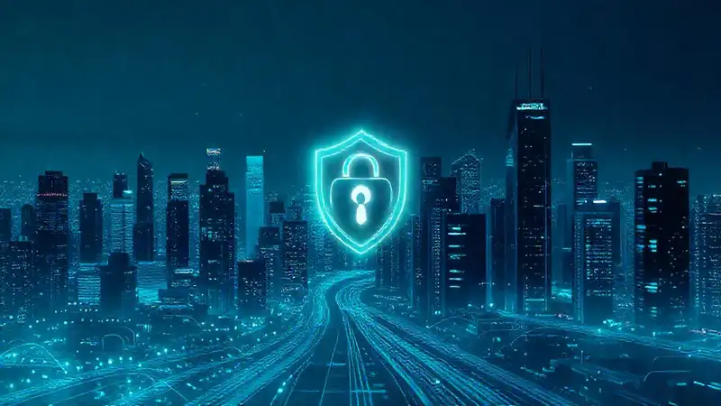 Ciudad futurista, datos y ciberseguridad brillante