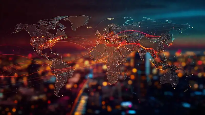 Mapa digital muestra datos globales vibrantes