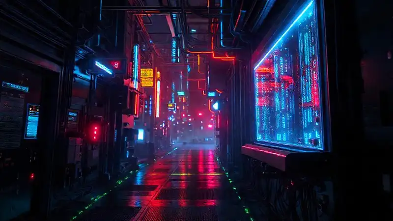 Router cyberpunk digital en ciudad oscura