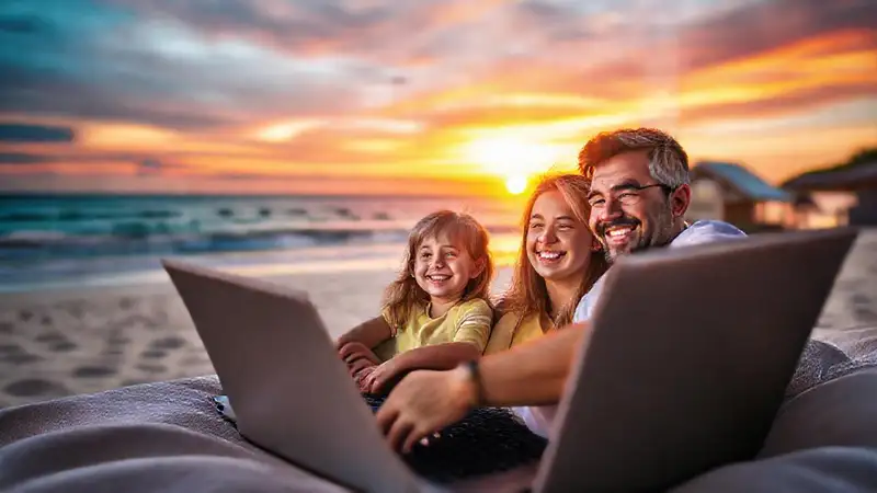 Familia feliz surfeando en playa segura