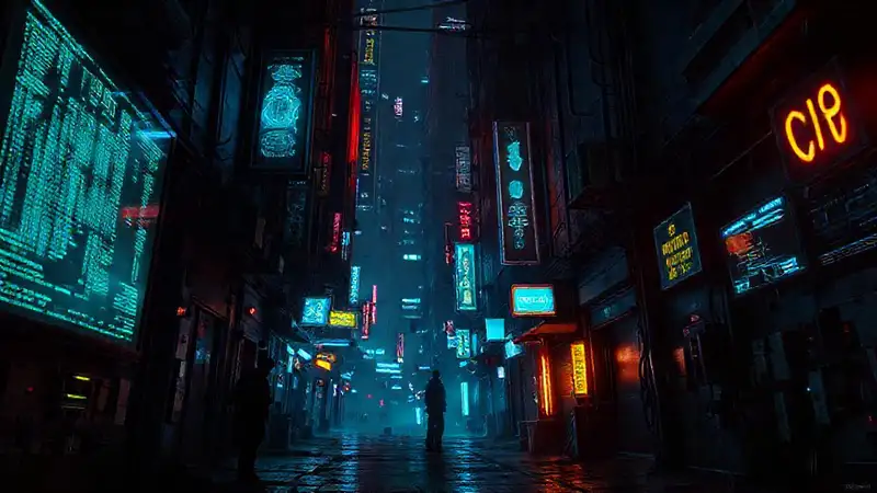 Ciudad cyberpunk oscura, hacker solitario, datos y tensión