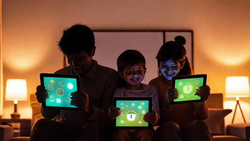 Familia disfruta tecnología en hogar cálido