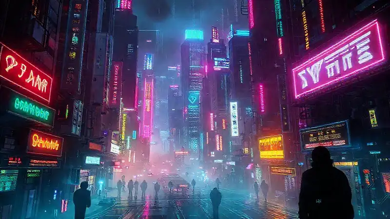 Ciudad cyberpunk digital y vibrante