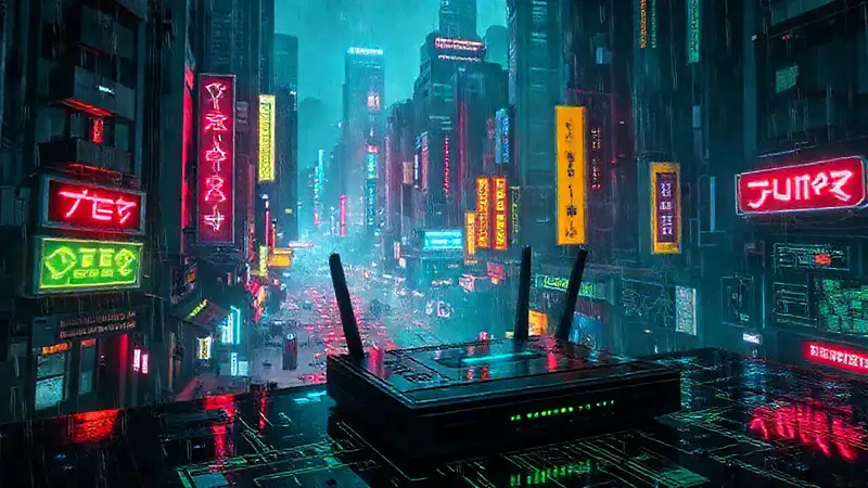 Ciudad cyberpunk vibrante, oscura y digital