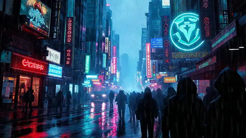 Ciudad cyberpunk, lluvia, datos y sombras