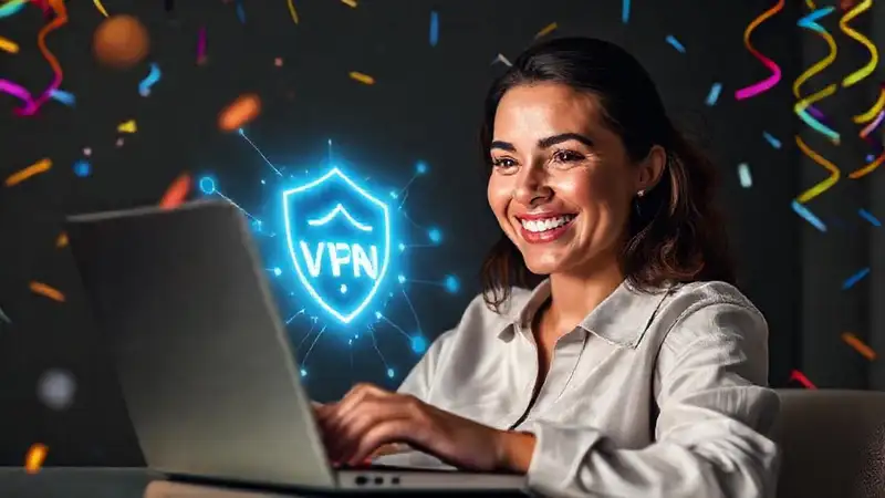 Mujer sonríe: conexión VPN segura y moderna