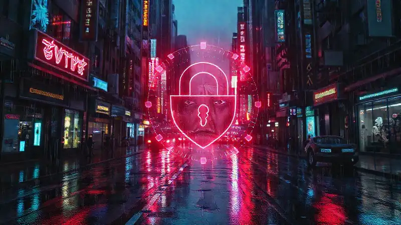 Ciudad cyberpunk digitalmente distópica y preocupante