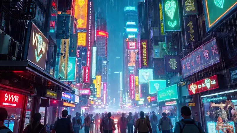 Ciudad cyberpunk digital y vibrante