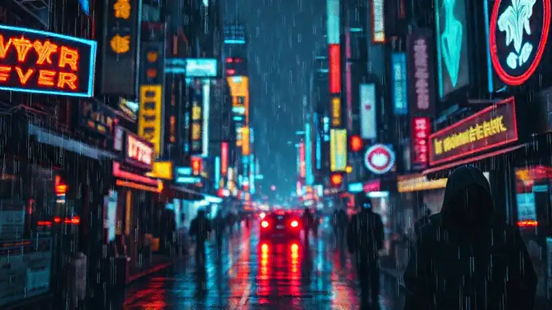 Ciudad cyberpunk digital, neón y glitches