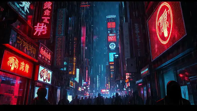 Ciudad cyberpunk: neón, oscuridad y anonimato