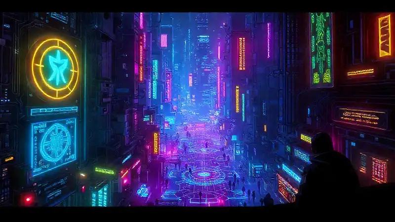 Ciudad cyberpunk brillante, tecnología futurista y oscura