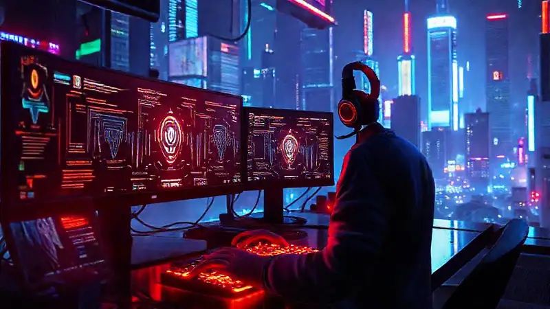 Gamer cyberpunk en ciudad neón