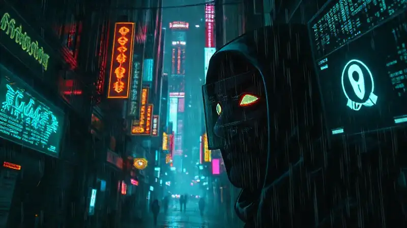 Ciudad cyberpunk oscura, digitalmente destrozada y amenazante