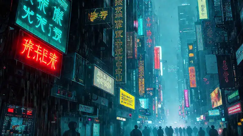 Ciudad cyberpunk digital, decadente y oscura