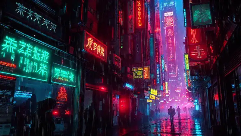Ciudad cyberpunk vibrante y oscura