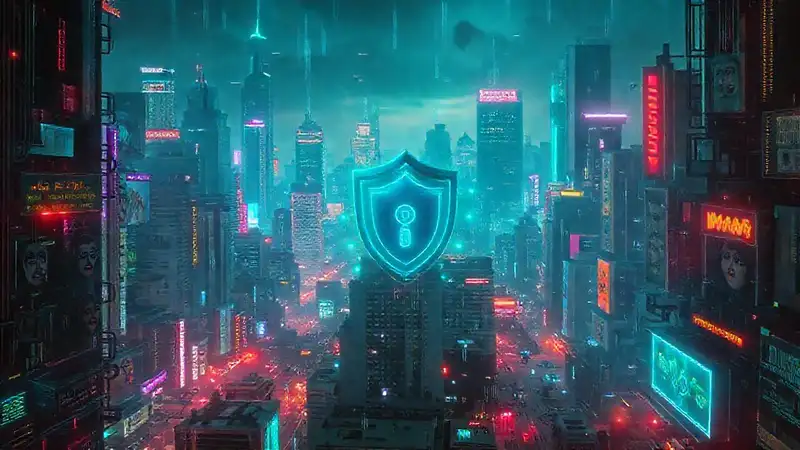 Ciudad cyberpunk vibrante y digitalmente distorsionada