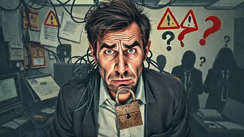 Un hombre confuso busca claridad en caos