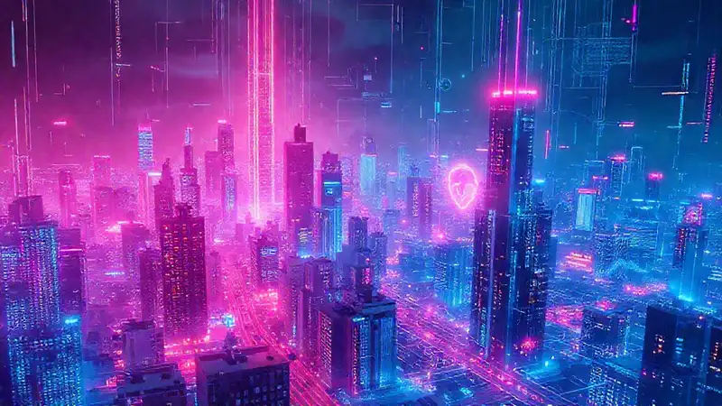Ciudad cyberpunk digital, brillante y compleja